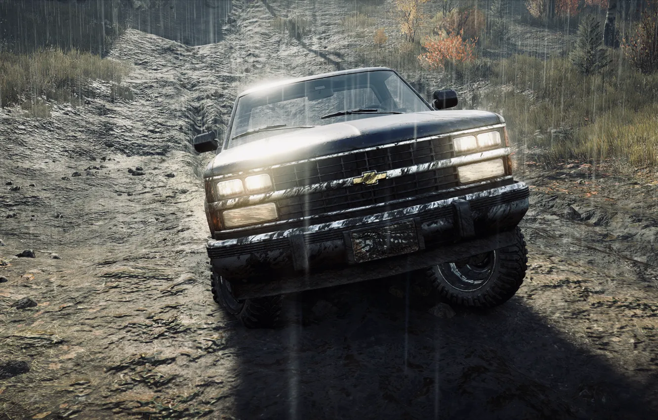 Photo wallpaper HDR, Chevrolet, game, rain, trees, Michigan, mud, UHD