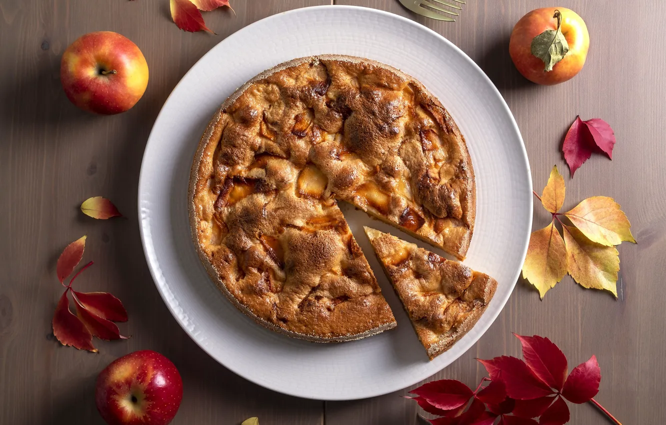 Photo wallpaper red, table, apples, plate, pie, plug, cakes, home