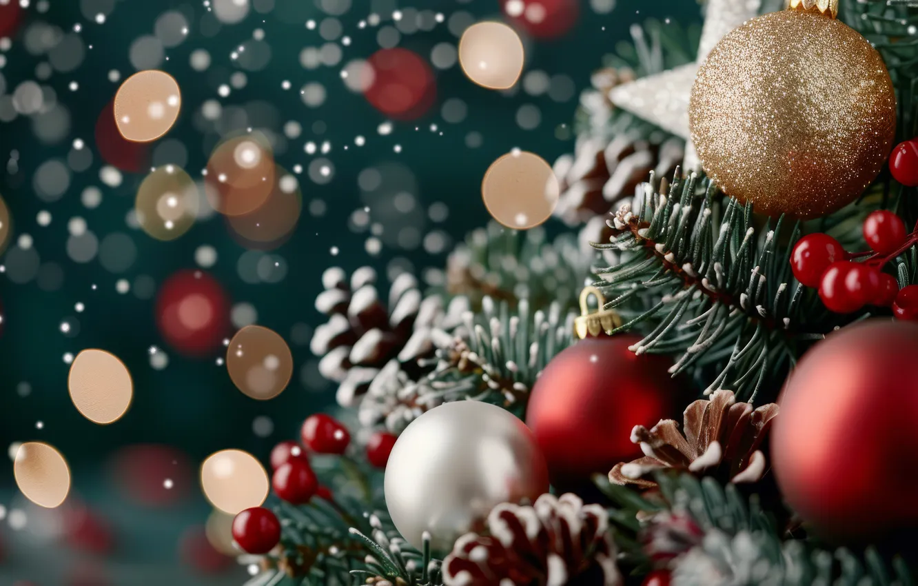 Photo wallpaper balls, new year, Christmas, needles, bumps, bokeh, AI art, neural network