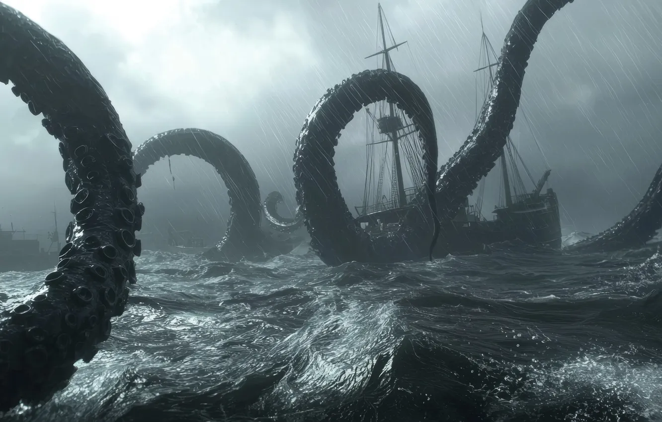 Photo wallpaper Sea, Wave, Clouds, Sailboats, The tentacles, Attack, Ships, Digital art