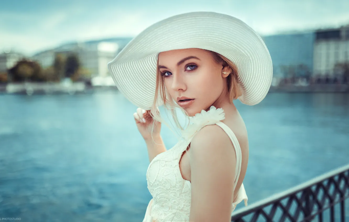 Photo wallpaper look, girl, landscape, bridge, river, hat, makeup, dress