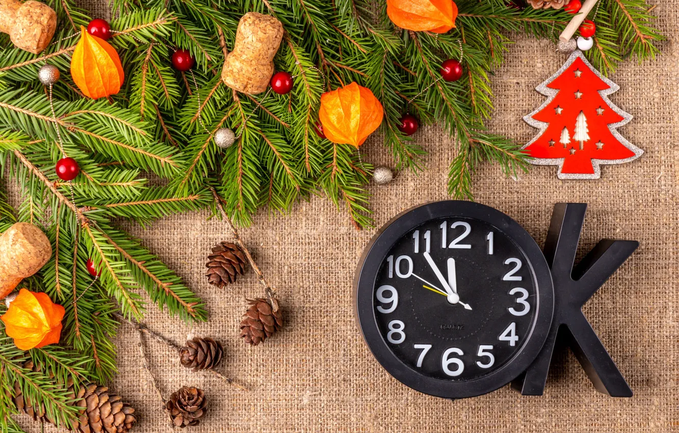 Photo wallpaper balls, branches, arrows, watch, new year, Christmas, tube, herringbone