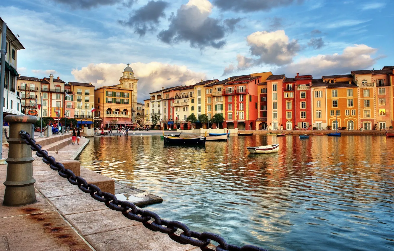 Photo wallpaper city, sky, sea, Italy, clouds, houses, boat, building