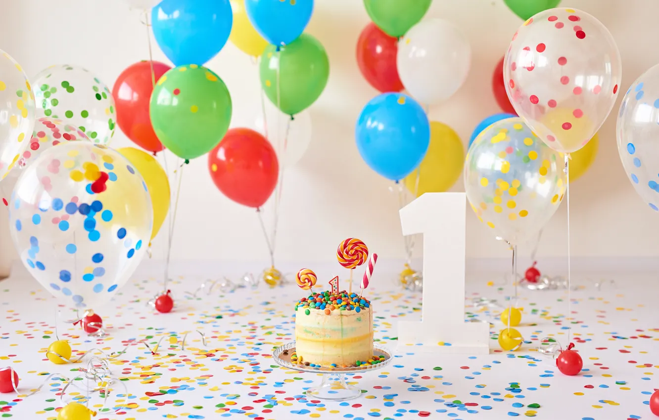 Photo wallpaper holiday, balls, figures, cake, year