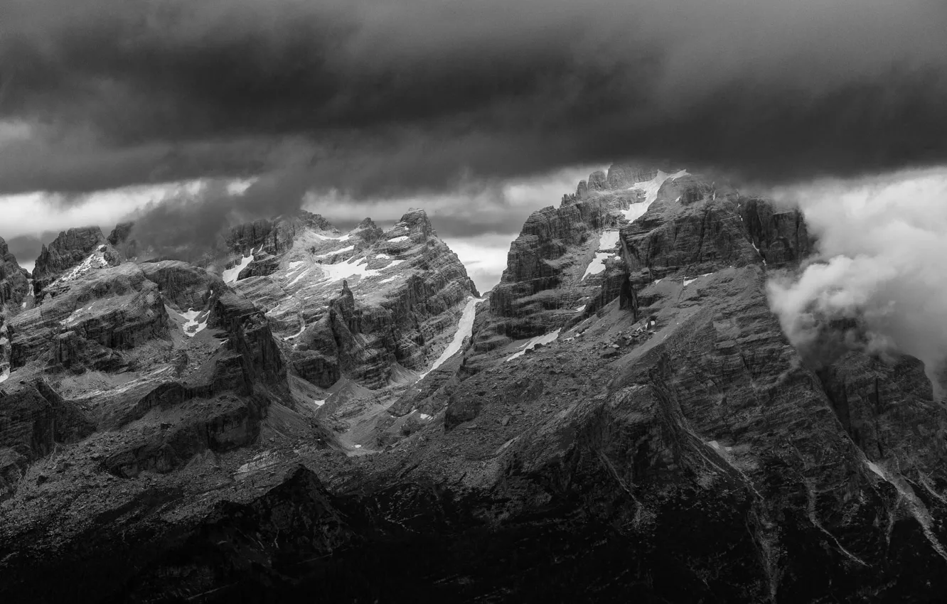 Photo wallpaper the sky, mountains, clouds, nature, rocks, black and white, monochrome, monochrome