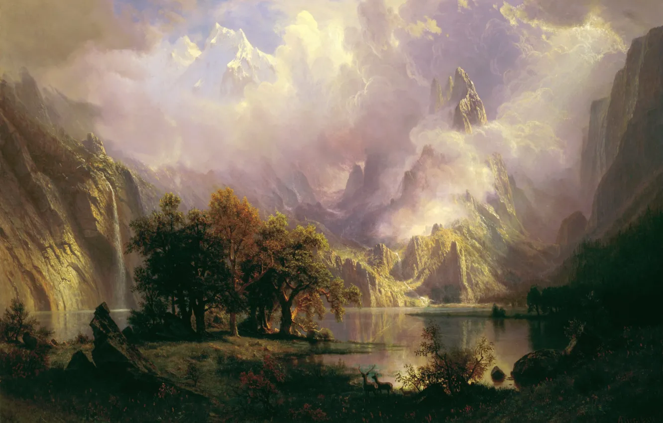 Photo wallpaper mountains, vegetation, pond, Albert Bierstadt, Rocky Mountain