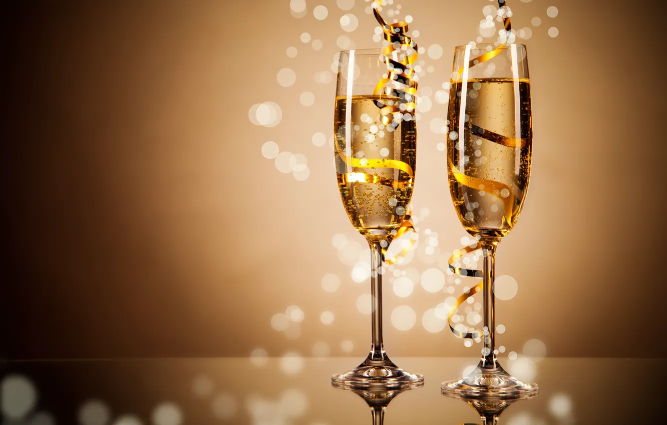 Photo wallpaper winter, New Year, glasses, Christmas, champagne, Christmas, gold, ribbons