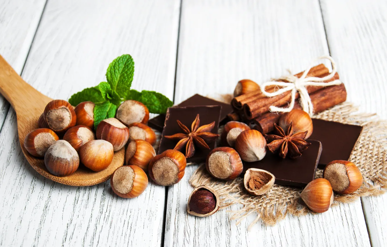 Photo wallpaper chocolate, nuts, cinnamon, wood, Anis, Olena Rudo
