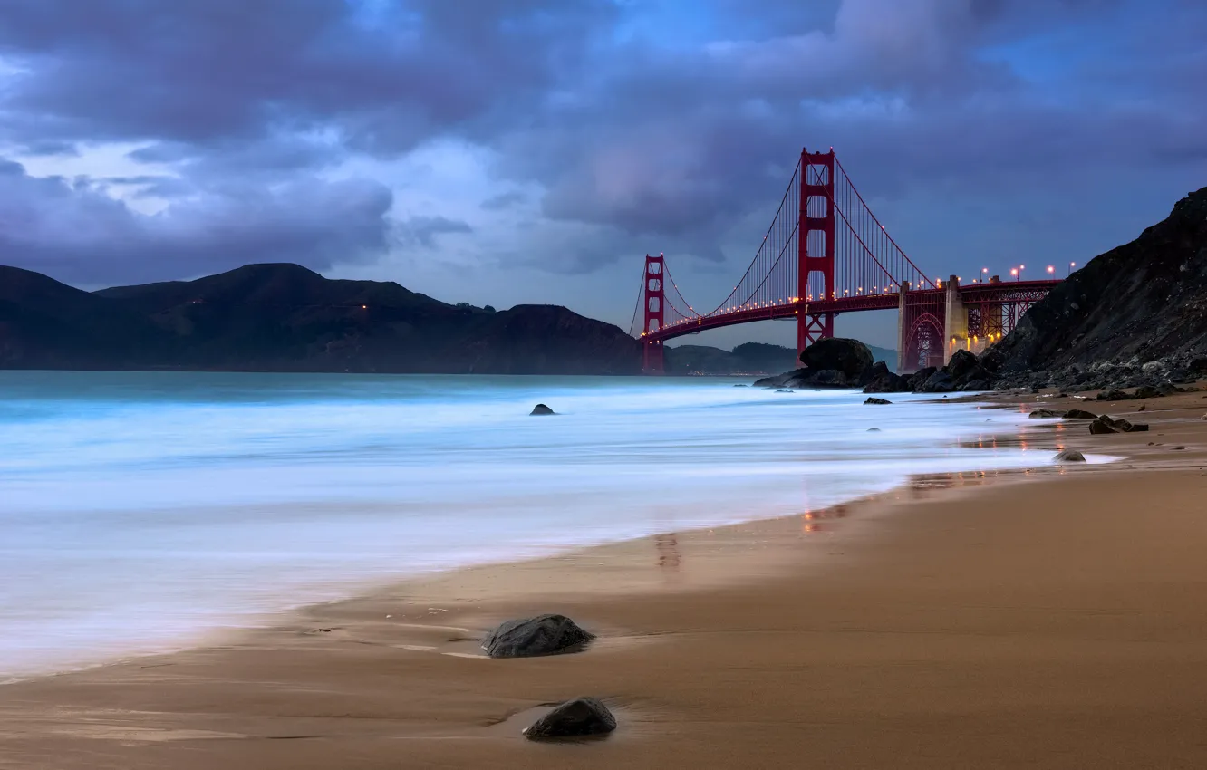 Photo wallpaper beach, bridge, Strait, twilight, Baker Beach, The Golden Gate Bridge