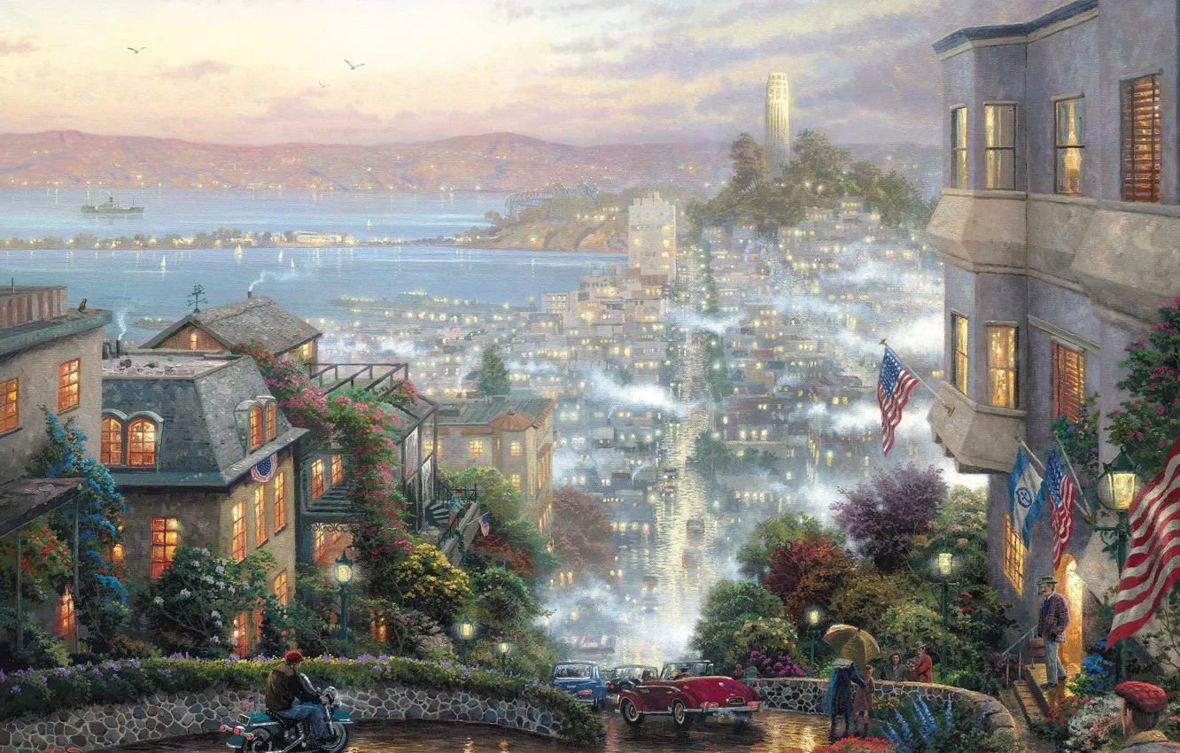 Photo wallpaper car, city, twilight, road, California, fog, Thomas Kinkade, bay