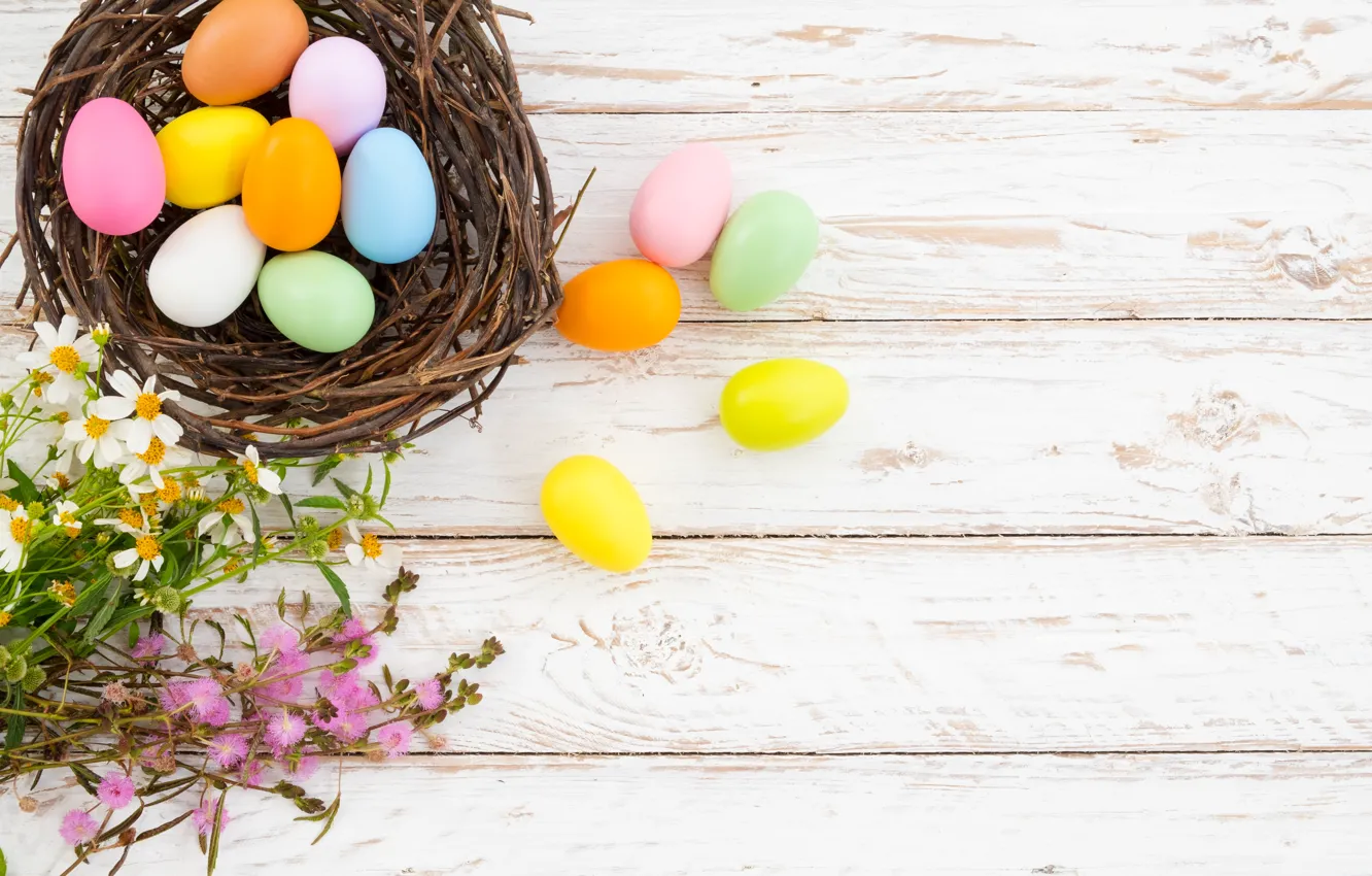 Photo wallpaper flowers, eggs, spring, colorful, Easter, happy, pink, flowers, spring, Easter, eggs, decoration