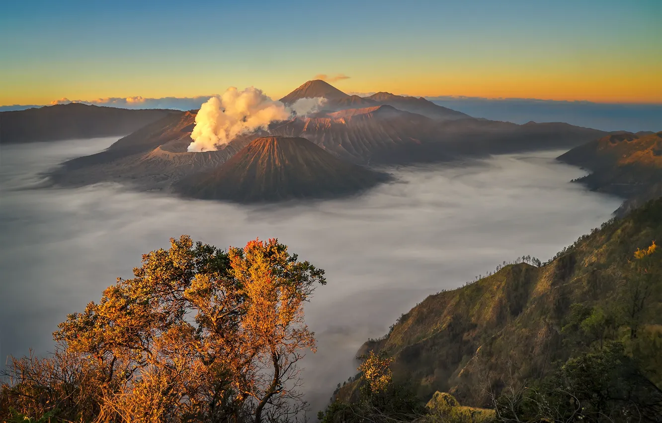 Photo wallpaper autumn, clouds, the volcano, Indonesia, Bromo