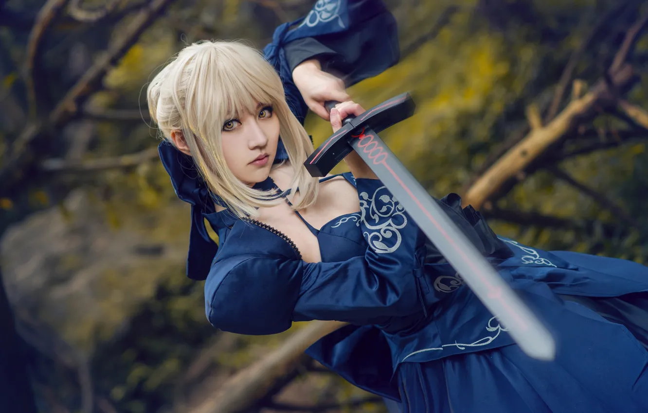 Photo wallpaper forest, look, girl, trees, branches, blue, face, style