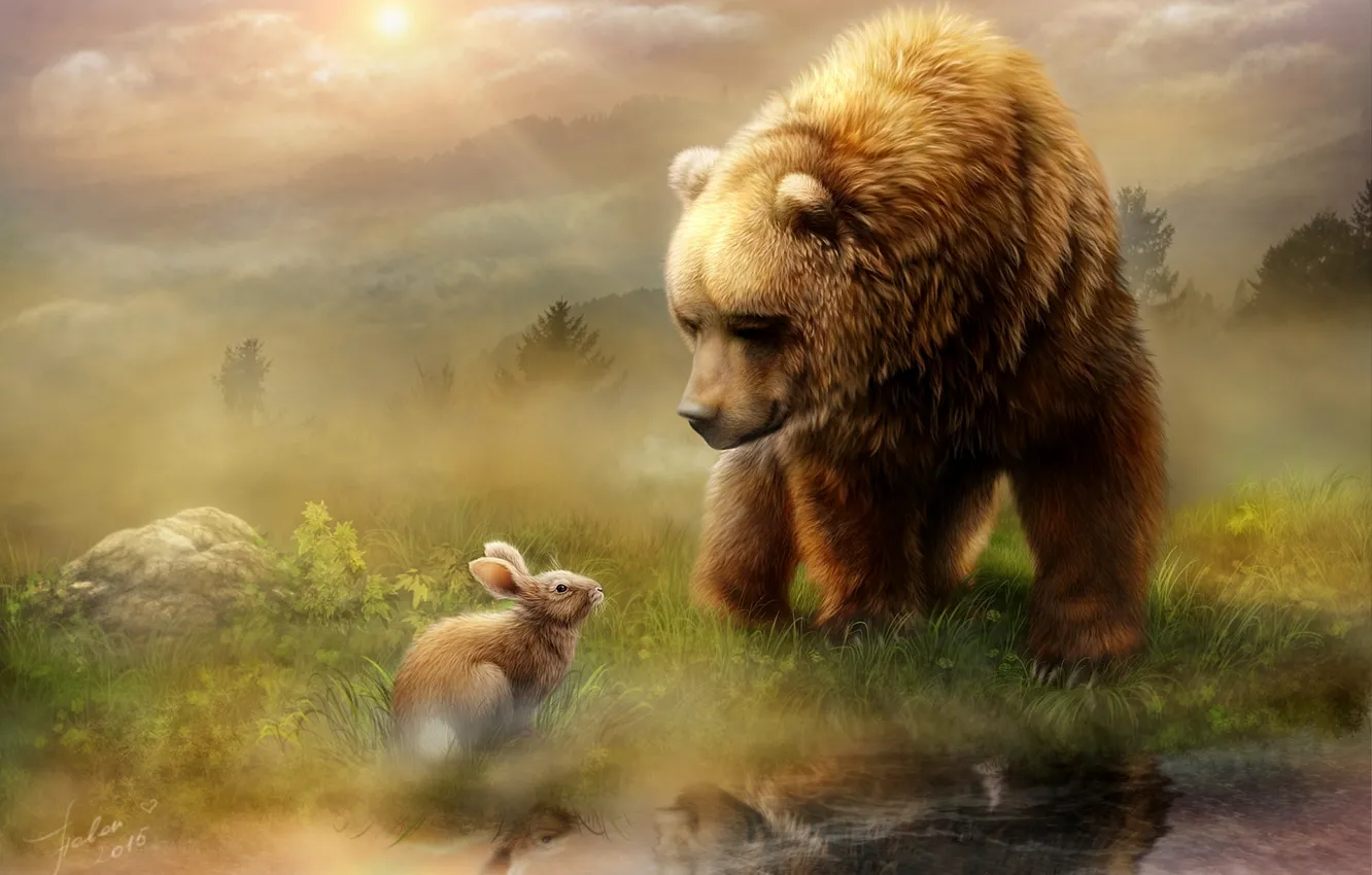 Photo wallpaper water, light, reflection, animal, meeting, hare, morning, bear