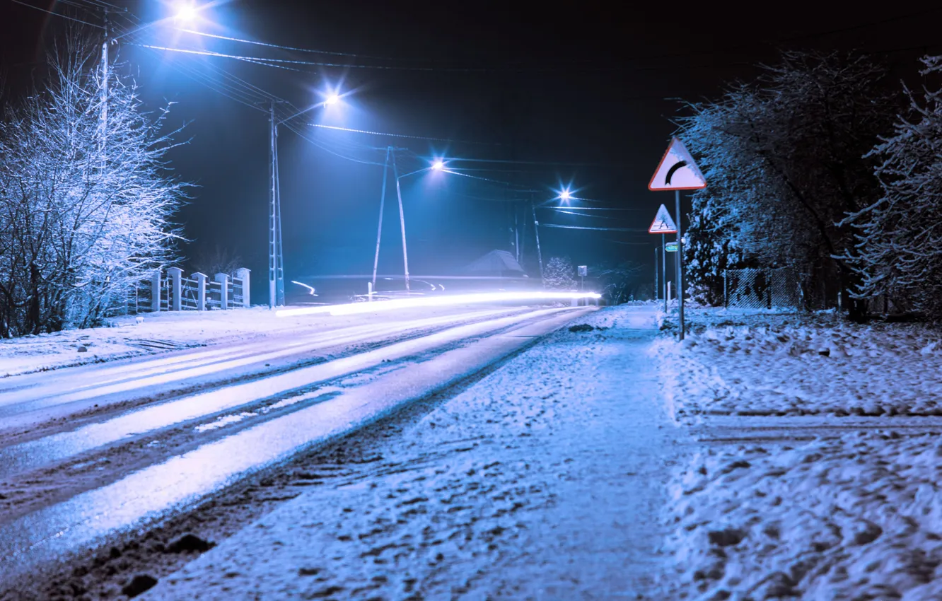 Photo wallpaper winter, road, snow, trees, night, lights, lights, lights