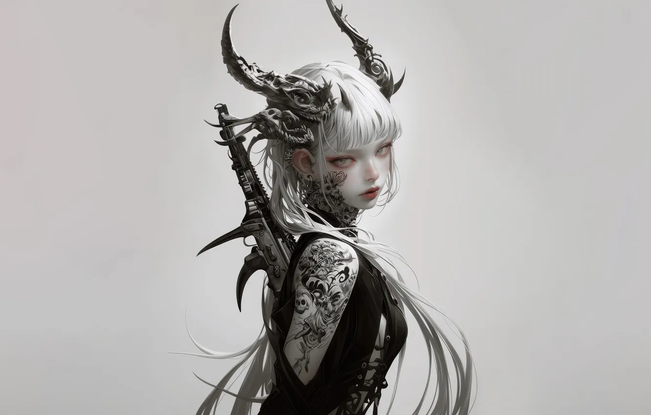 Photo wallpaper girl, weapon, anime, tattoo, horn, anime girl, White Backgound