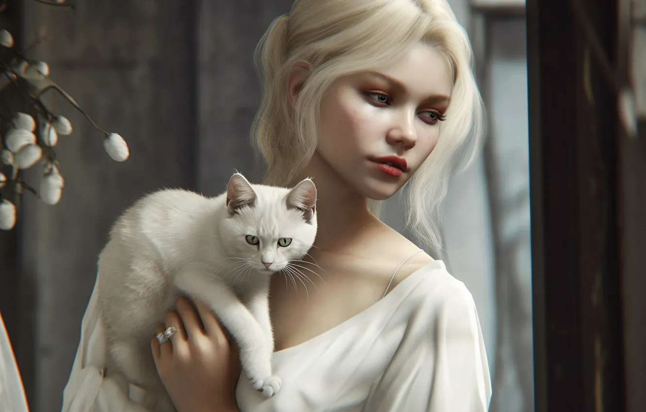 Photo wallpaper cat, white, cat, look, girl, pose, portrait, art
