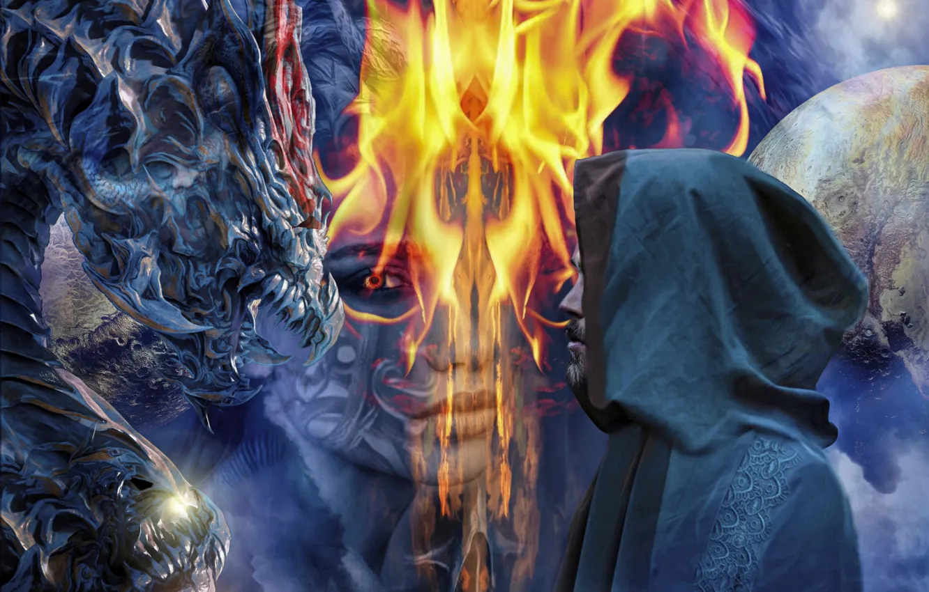 Photo wallpaper girl, collage, monster, art, male, cloak