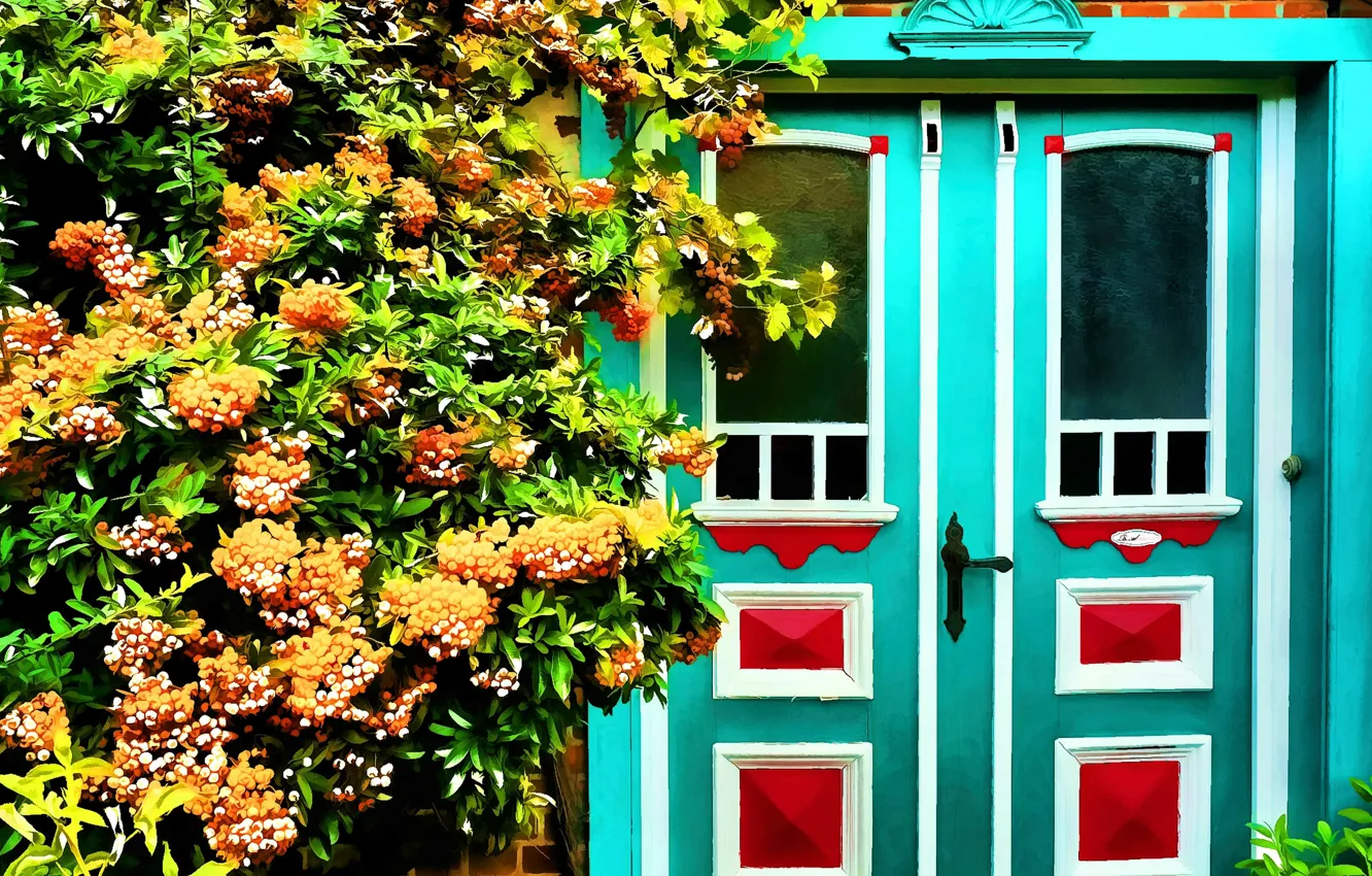 Photo wallpaper flowers, figure, the door, art, art, flowers, door