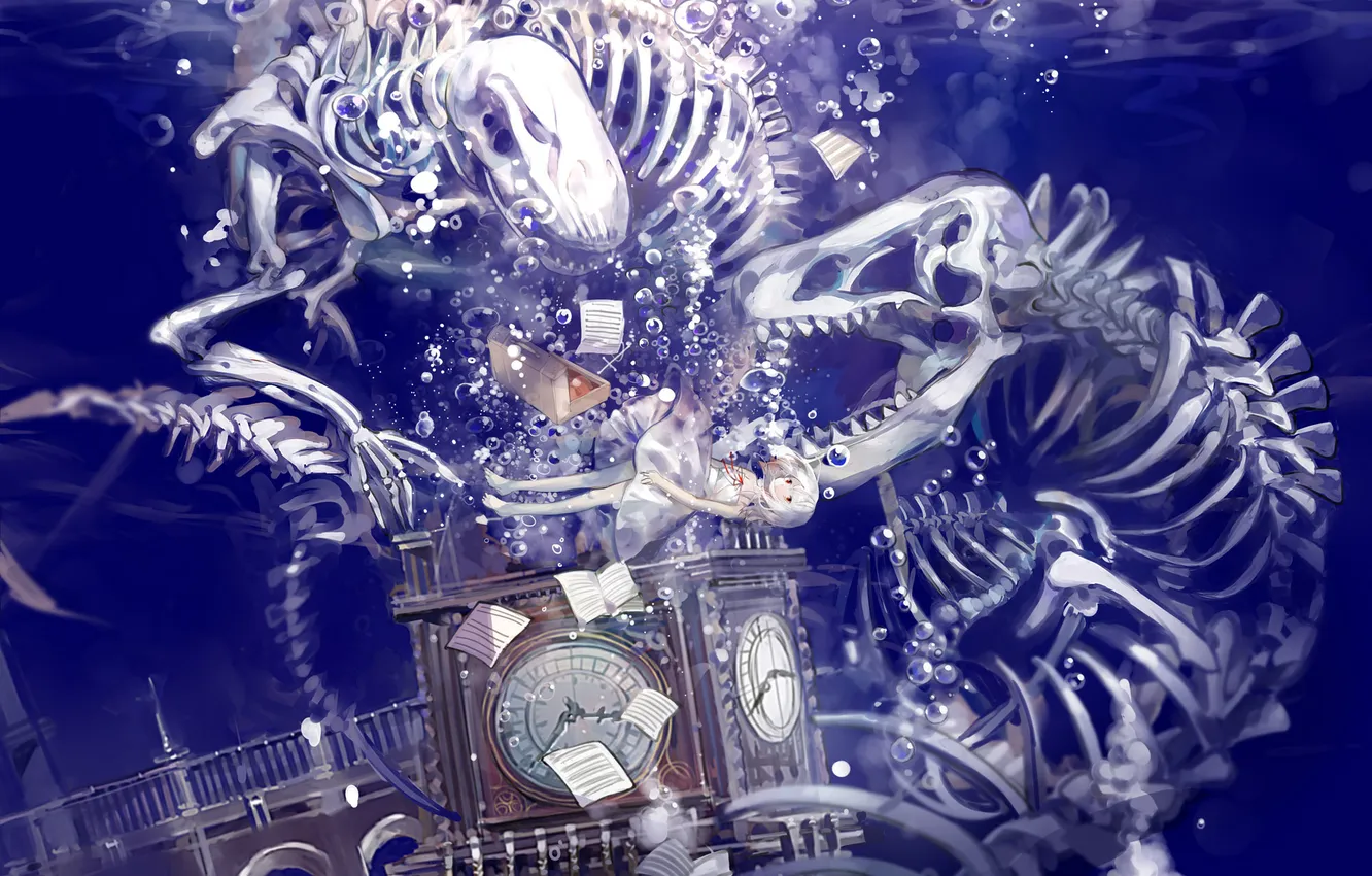 Photo wallpaper girl, bubbles, the building, watch, tower, anime, art, skeleton