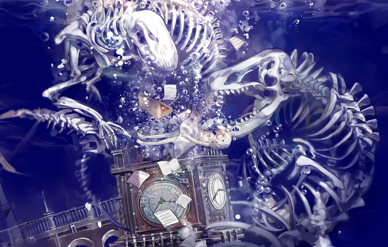 Photo wallpaper girl, bubbles, watch, building, tower, anime, art, skeleton
