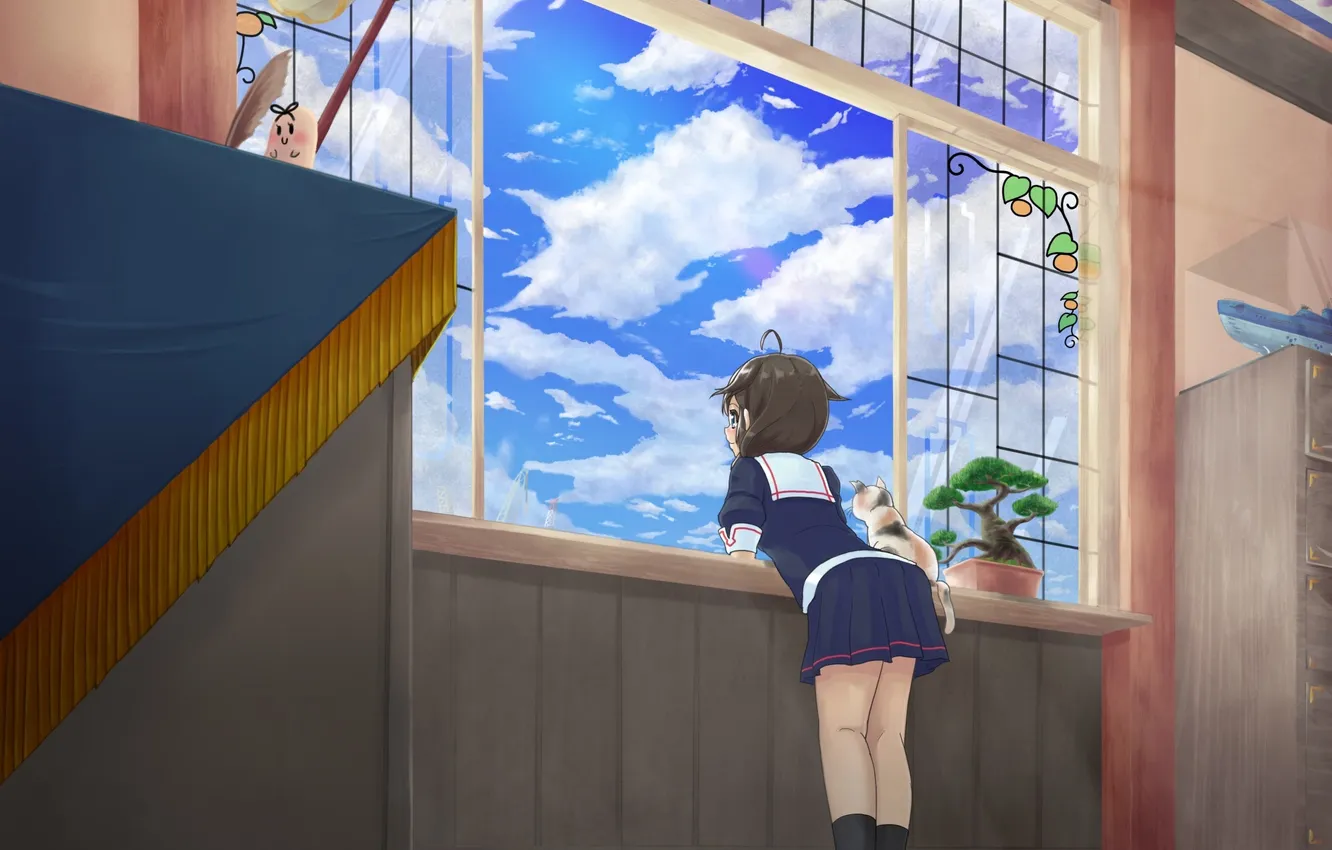 Photo wallpaper the sky, cat, girl, clouds, trees, anime, window, art