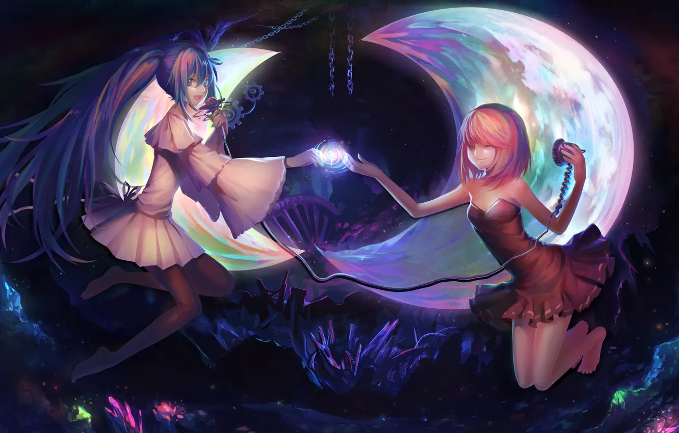 Photo wallpaper girl, wire, a month, art, sphere, vocaloid, hatsune miku, kagamine rin