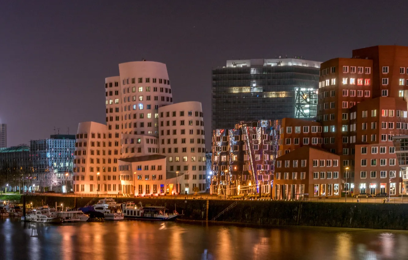 Photo wallpaper night, lights, river, home, Germany, boats, Dusseldorf
