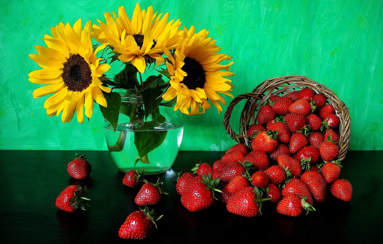Photo wallpaper sunflowers, flowers, berries, strawberry, still life, basket