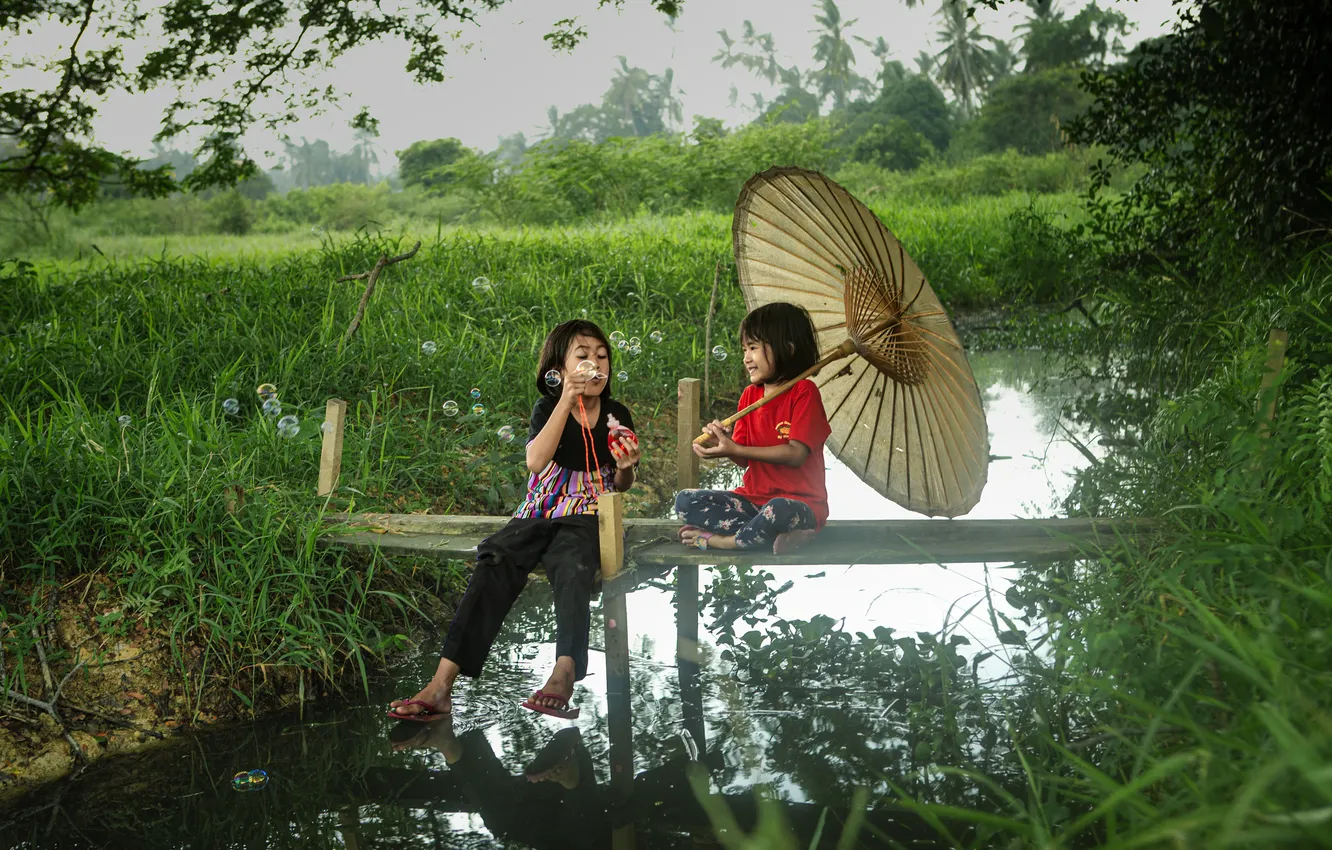 Photo wallpaper girls, nature, children, Boys