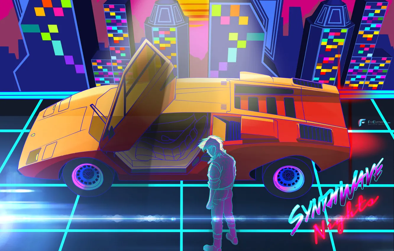 Photo wallpaper music, background, neon, Lamborghini, 80s, Neon, Countach, Lamborghini Countach