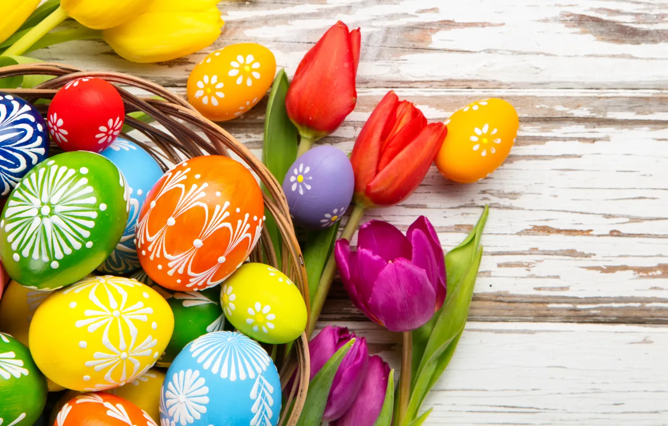 Photo wallpaper flowers, eggs, spring, Easter, tulips, flowers, tulips, spring
