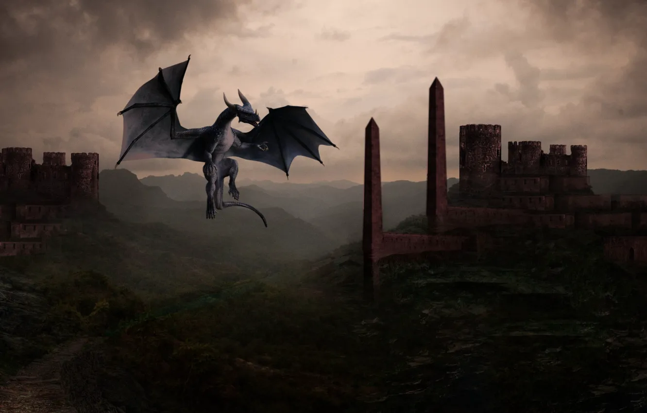 Photo wallpaper tower, obelisk, Flies, slope, mythology, mountains, vintage, overcast