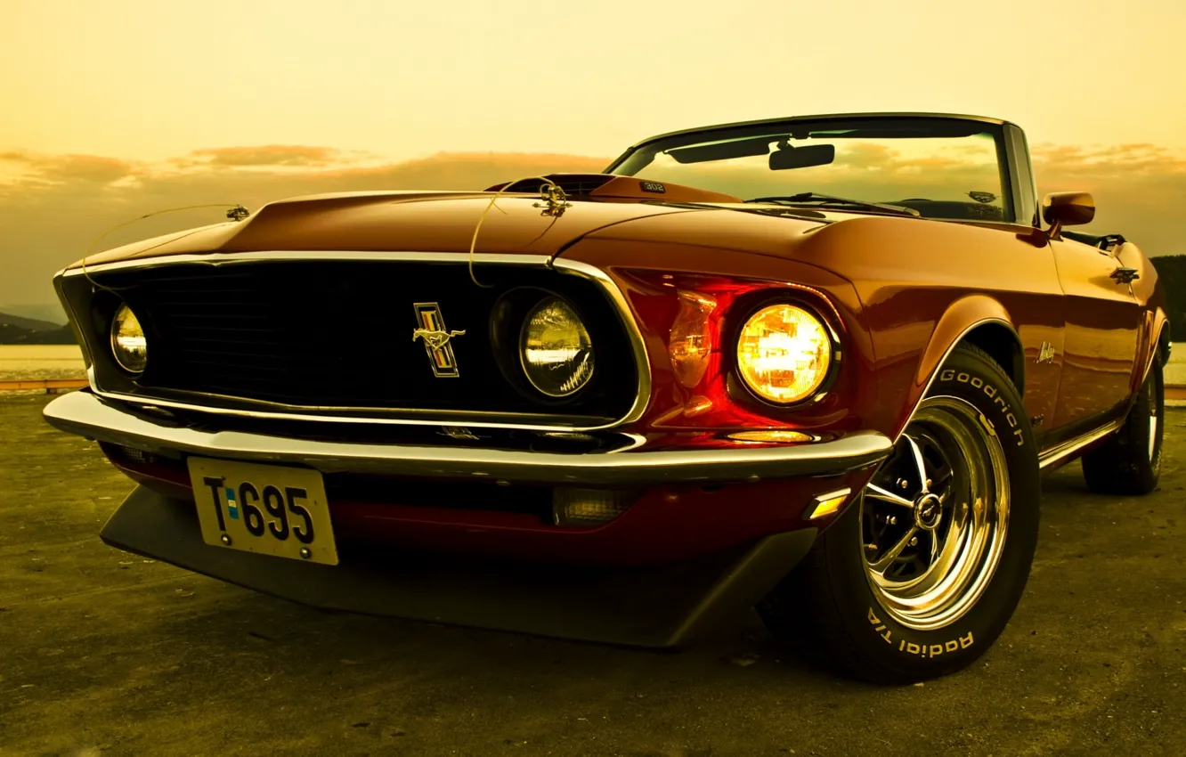 Photo wallpaper the sky, Mustang, Ford, Ford, 1969, Mustang, convertible, the front