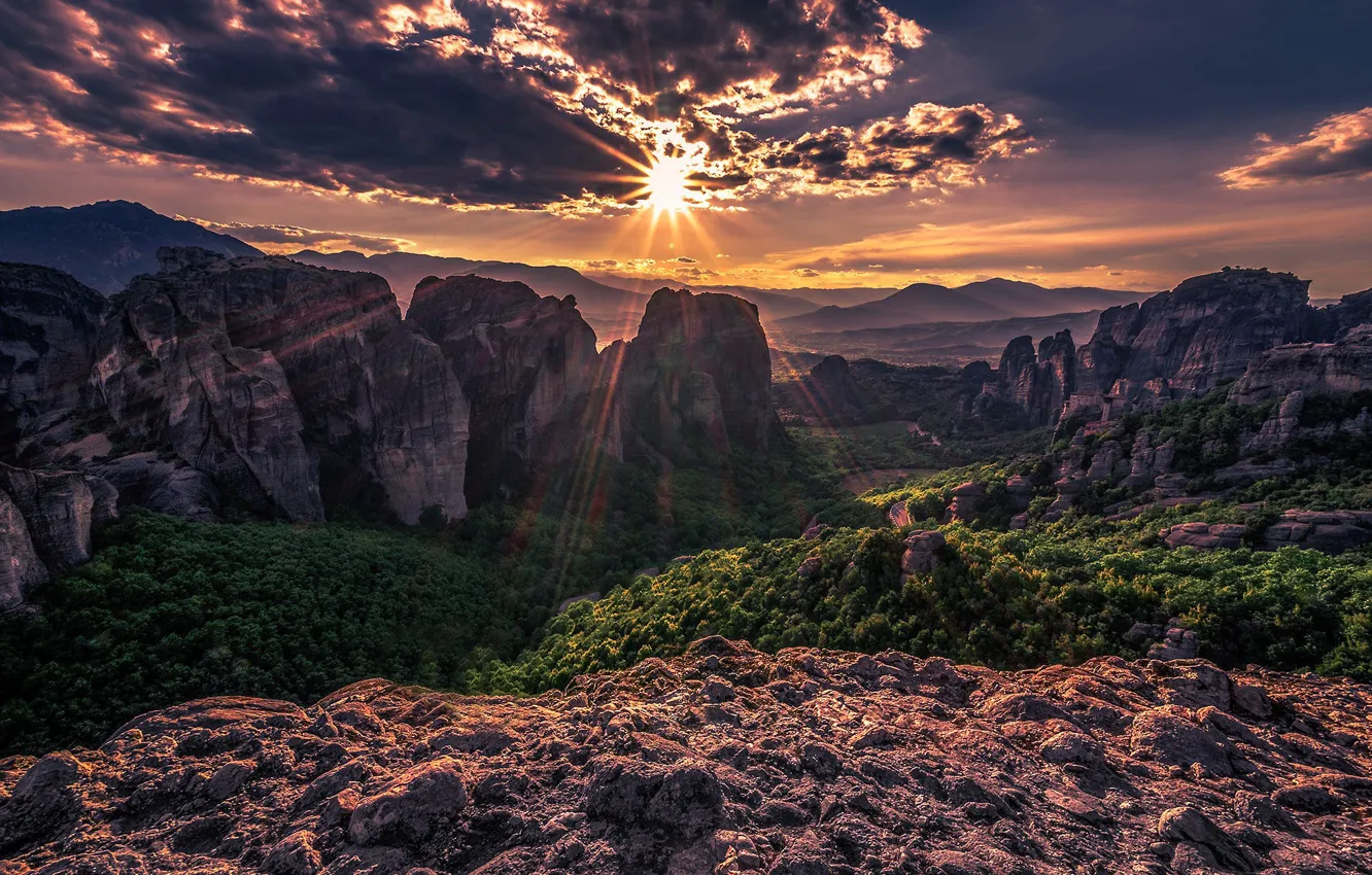 Photo wallpaper the sky, the sun, clouds, mountains