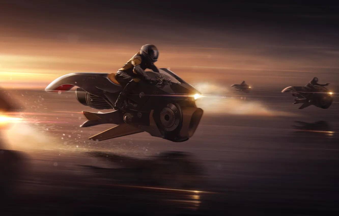 Photo wallpaper fiction, speed, chase, art, motorcycle, biker, science fiction, art