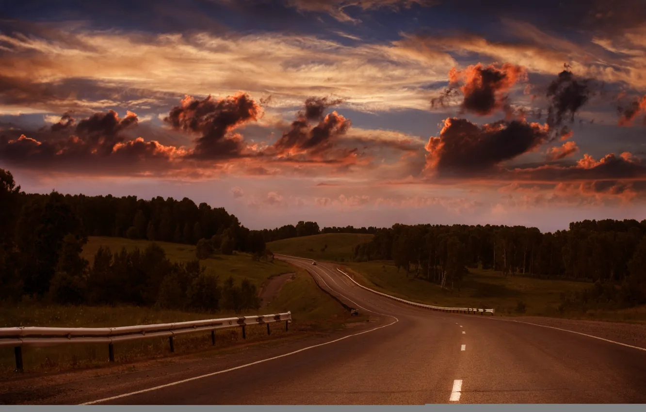 Photo wallpaper road, forest, summer, the sky, clouds, the evening