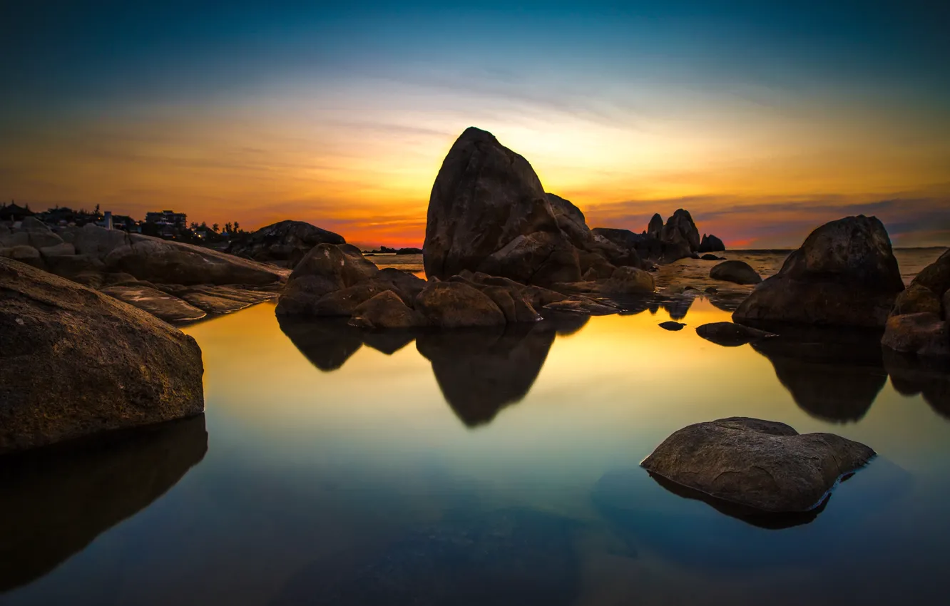 Photo wallpaper sea, the sky, sunset, stones, home, glow