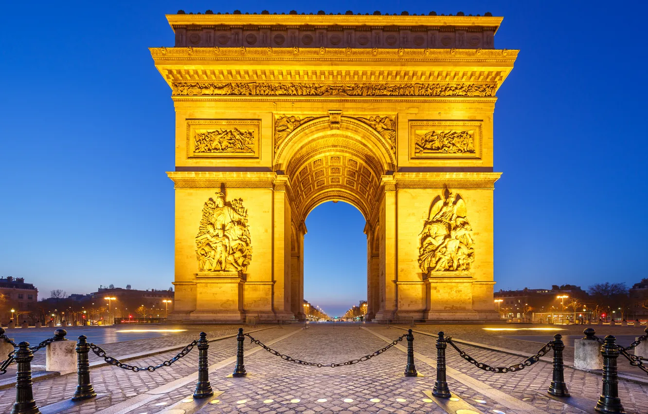 Photo wallpaper night, lights, France, Paris, arch, place Charles de Gaulle