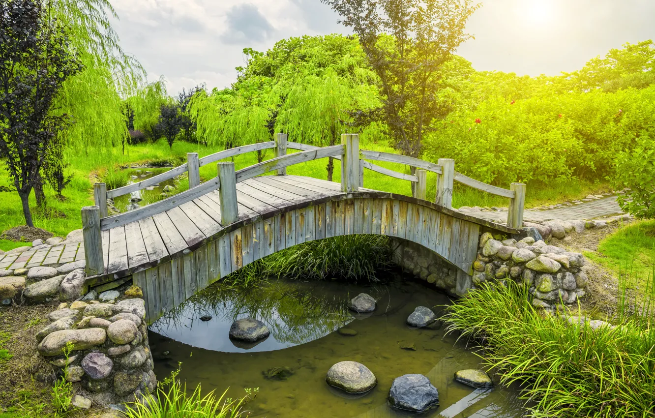 Photo wallpaper greens, water, trees, bridge, pond, Park, stones, track
