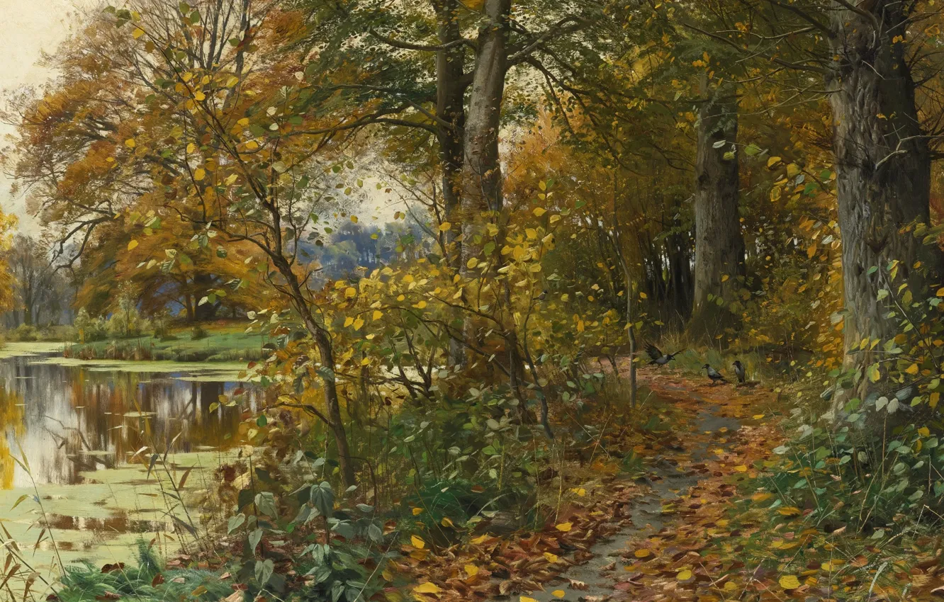 Photo wallpaper autumn, leaves, landscape, nature, river, picture, path, Peter Merk Of Menstad