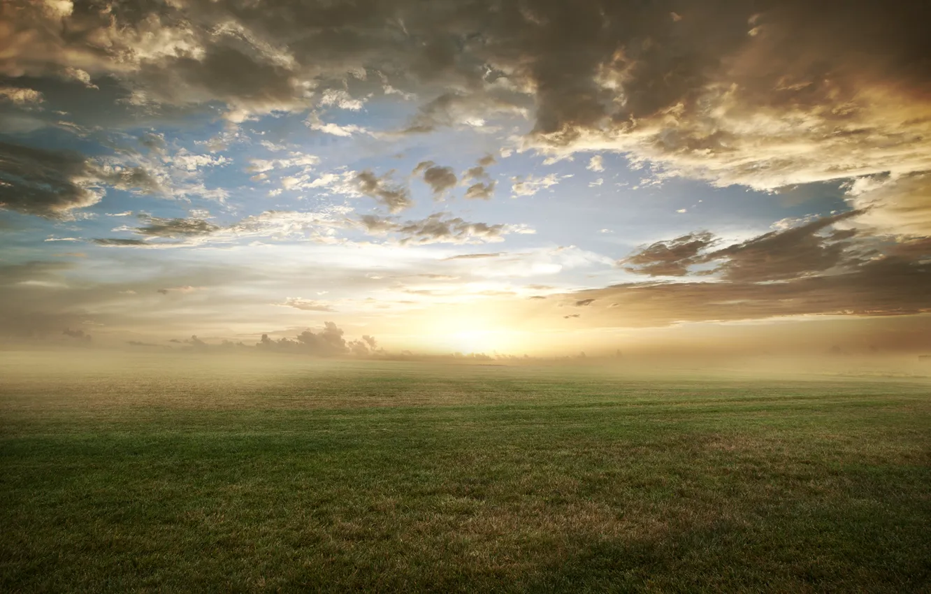 Photo wallpaper field, grass, clouds, nature, fog, lawn, morning