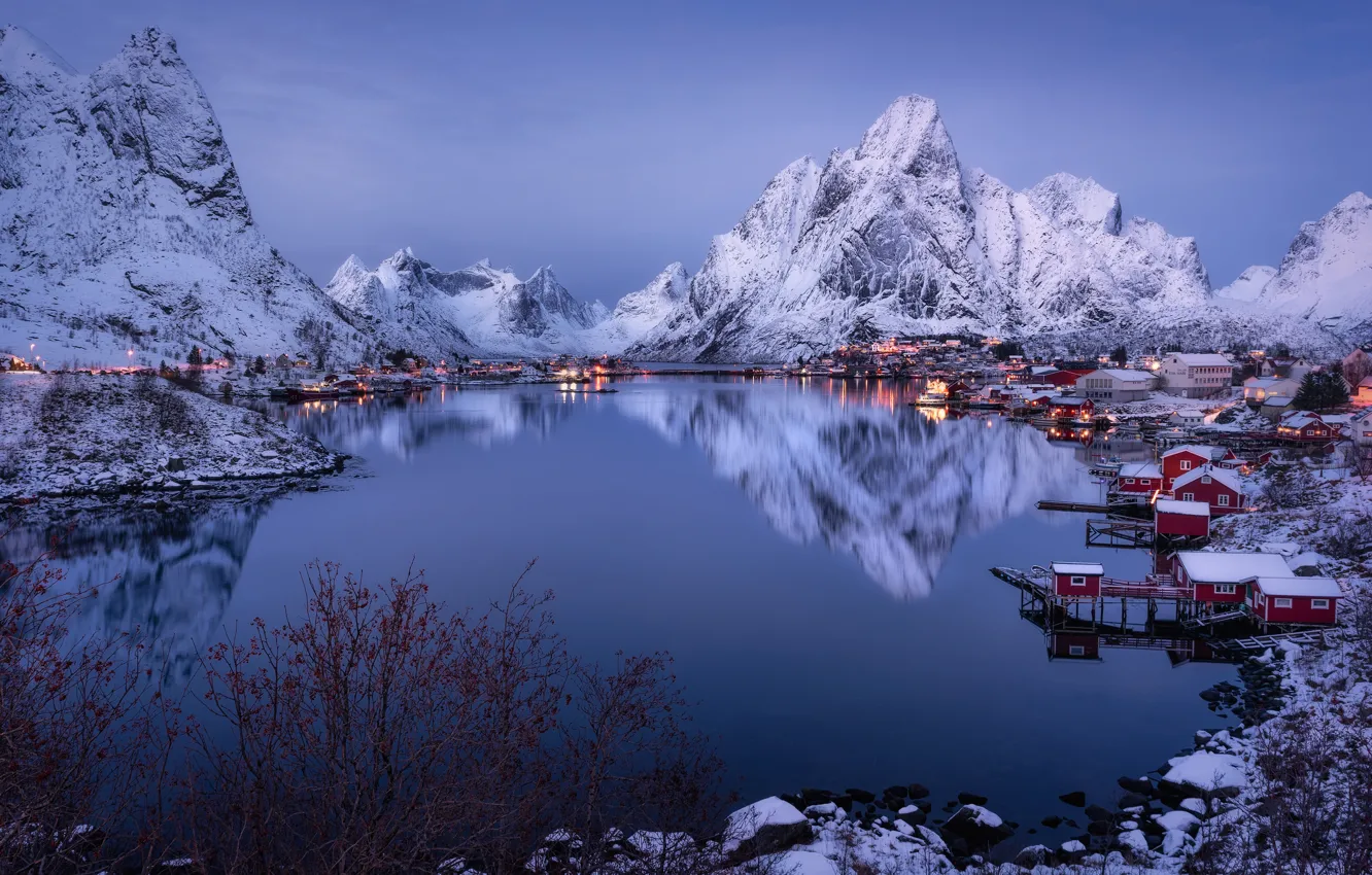 Photo wallpaper mountains, reflection, village, Norway, houses, Norway, the fjord, The Lofoten Islands