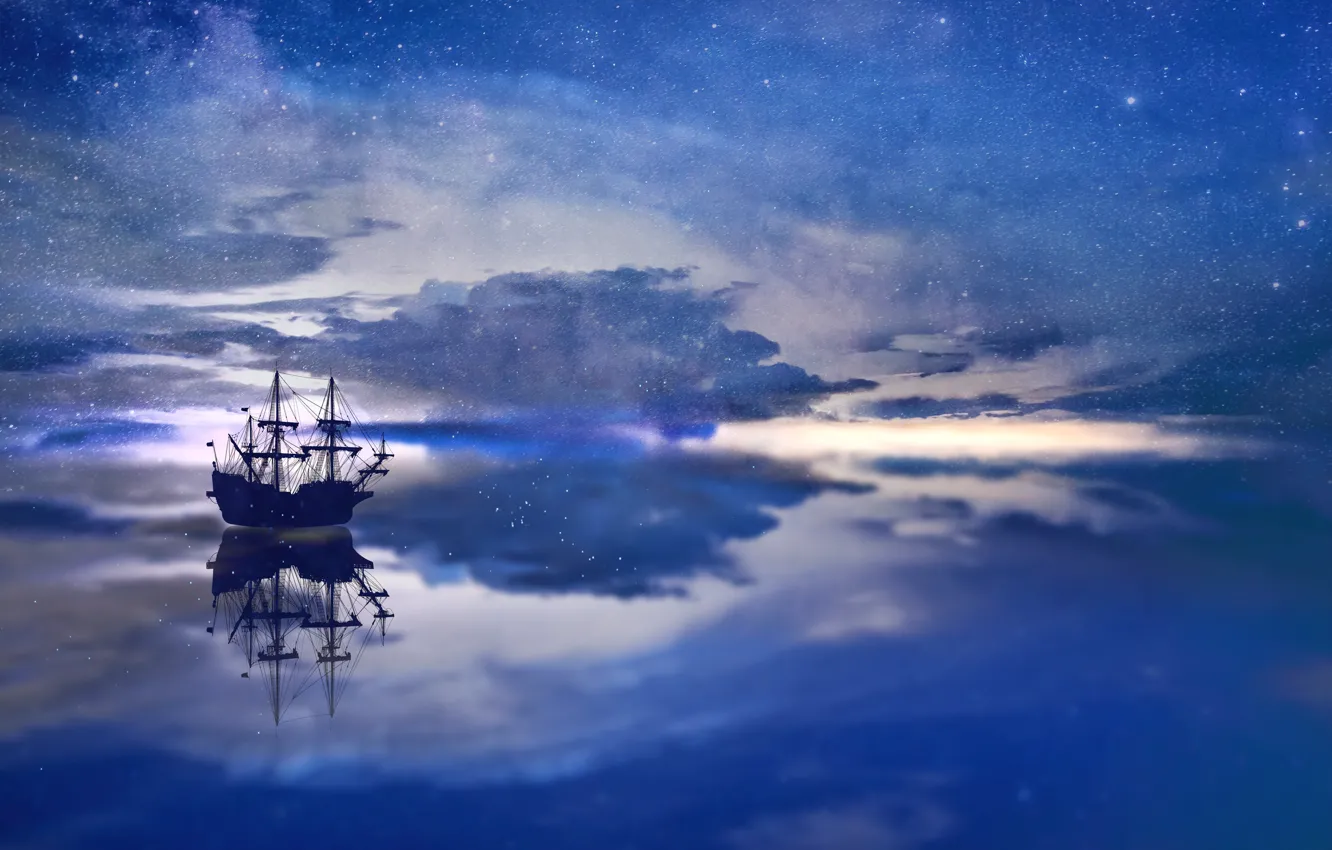 Photo wallpaper sea, stars, clouds, light, night, reflection, blue, rendering