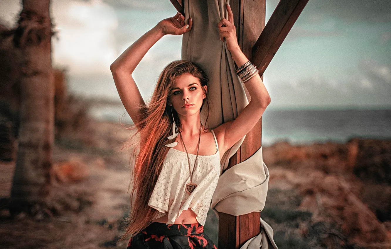 Photo wallpaper sea, look, landscape, model, skirt, portrait, makeup, Mike