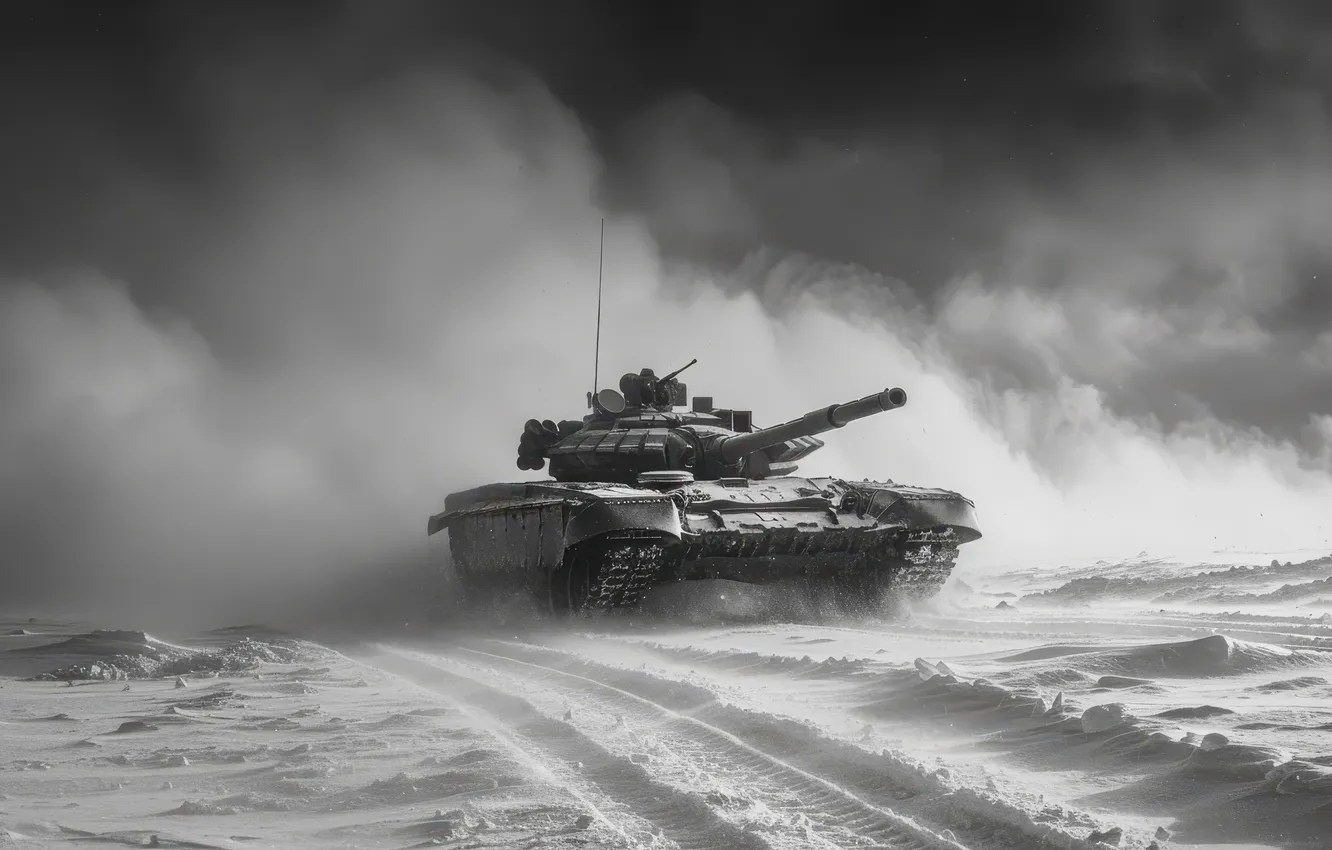 Photo wallpaper winter, snow, tank, black and white, Blizzard, digital art, AI art, The Art of Artificial …