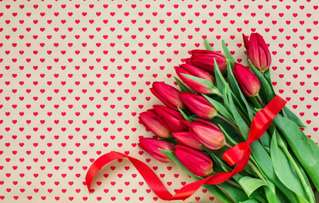 Photo wallpaper love, flowers, red, bouquet, hearts, tulips, red, love