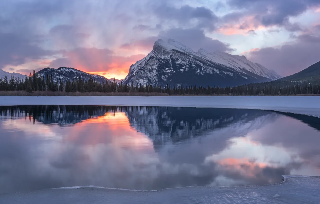 Photo wallpaper winter, forest, mountains, lake, reflection, dawn, morning, Canada