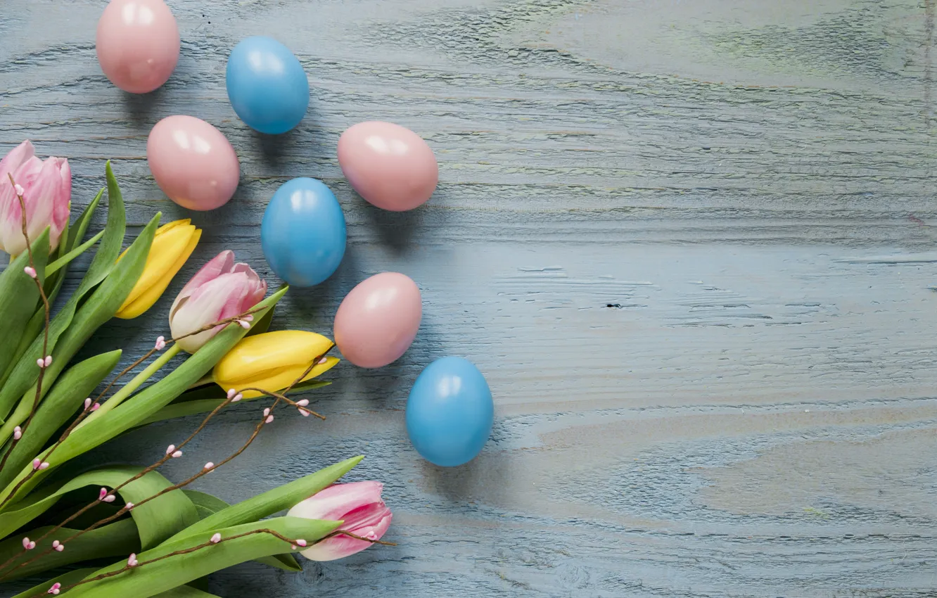 Photo wallpaper flowers, yellow, spring, Easter, tulips, pink, yellow, wood
