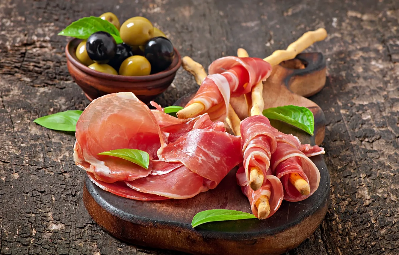 Photo wallpaper greens, leaves, Board, sticks, meat, bowl, olives, stand